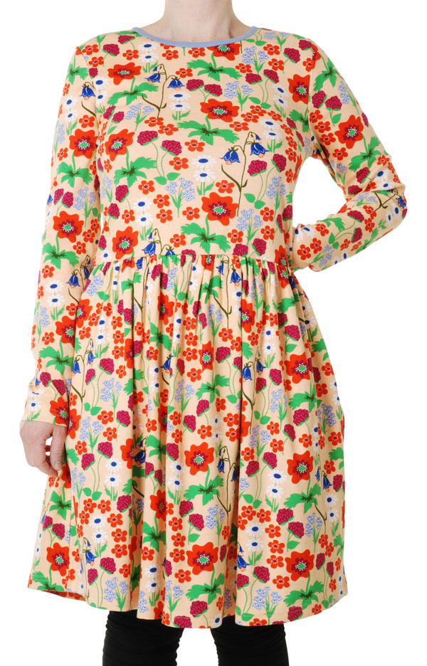 Adult Dress With Gather Skirt - Summer Flowers - Bleached Apricot