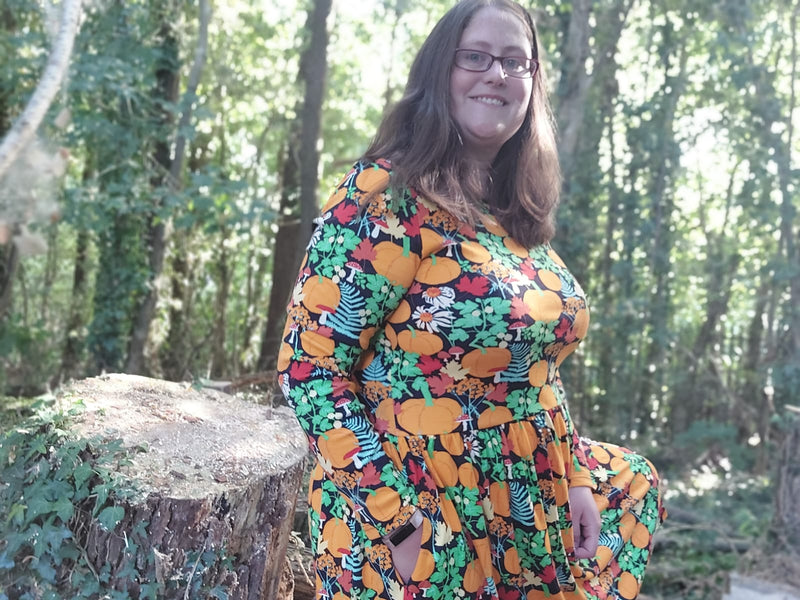 Adult Long Sleeve Dress with Gather skirt - Autumn Garden - Black